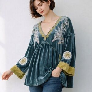 Easel Velvet Embroidered Boho Tunic Top Teal Green Small